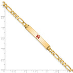 14K Medical Solid Chain/Solid Plate 34x6mm Centered Red Enamel Flat Figaro Link 7 inch ID Bracelet