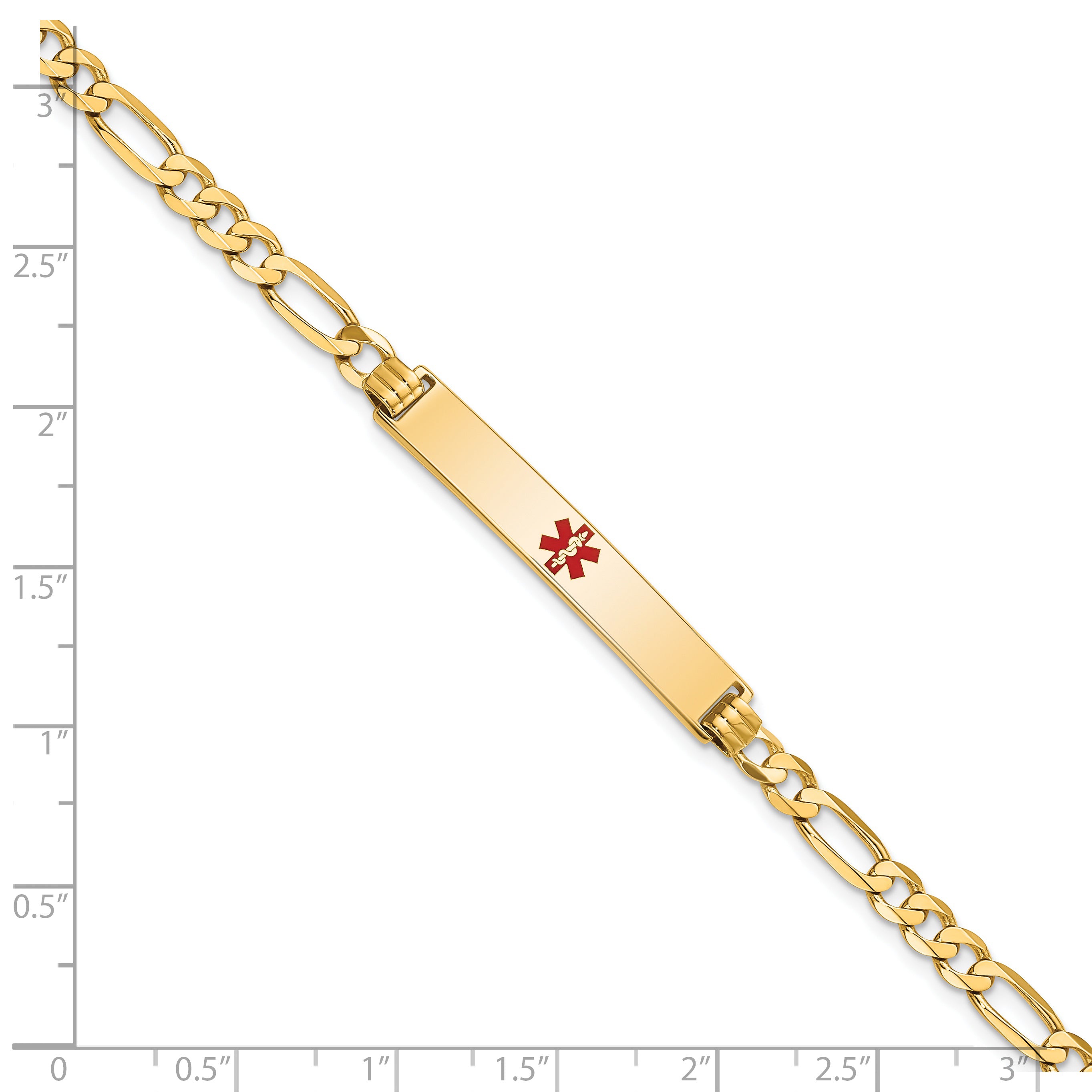 14K Medical Solid Chain/Solid Plate 34x6mm Centered Red Enamel Flat Figaro Link 8 inch ID Bracelet
