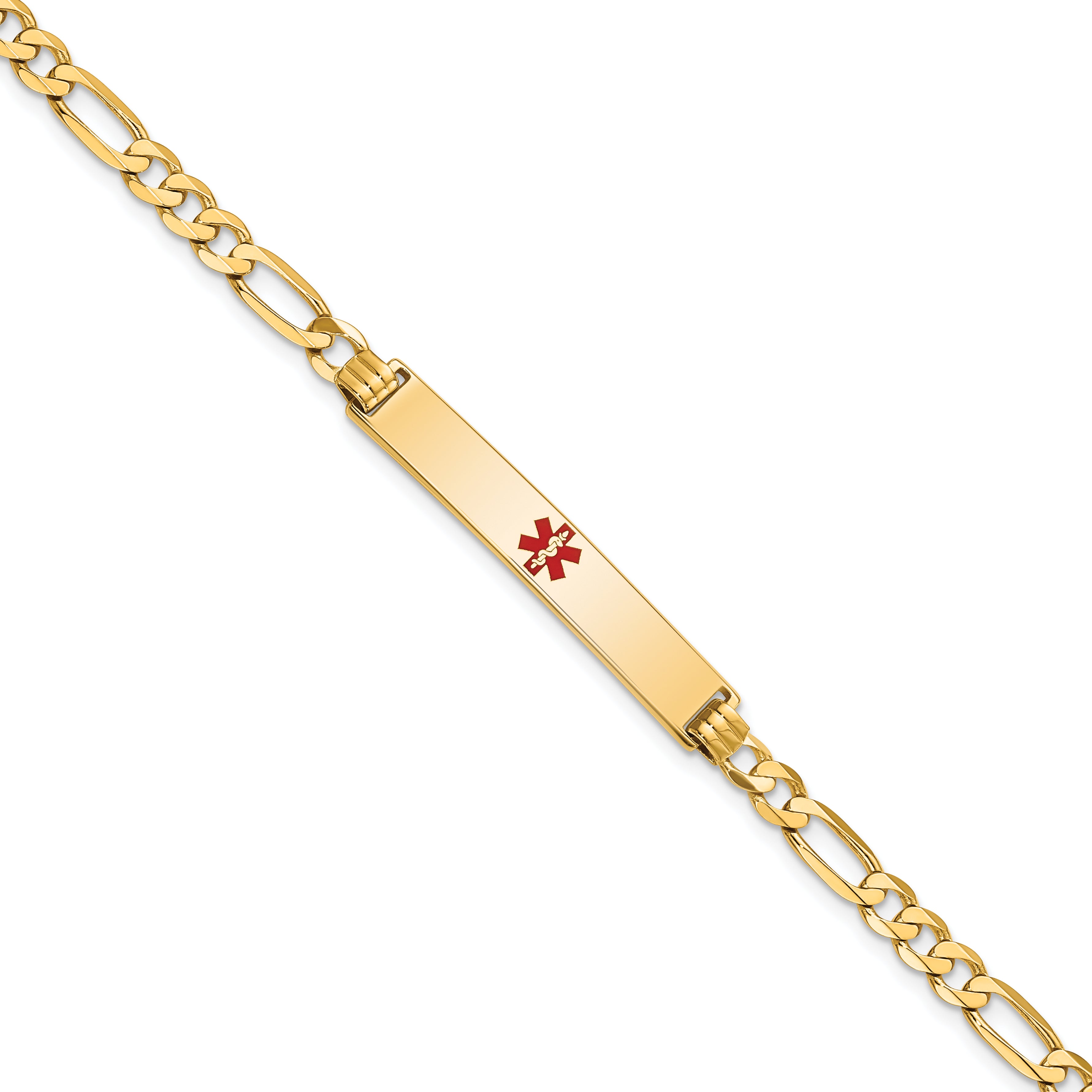 14K Medical Solid Chain/Solid Plate 34x6mm Centered Red Enamel Flat Figaro Link 8 inch ID Bracelet Main image