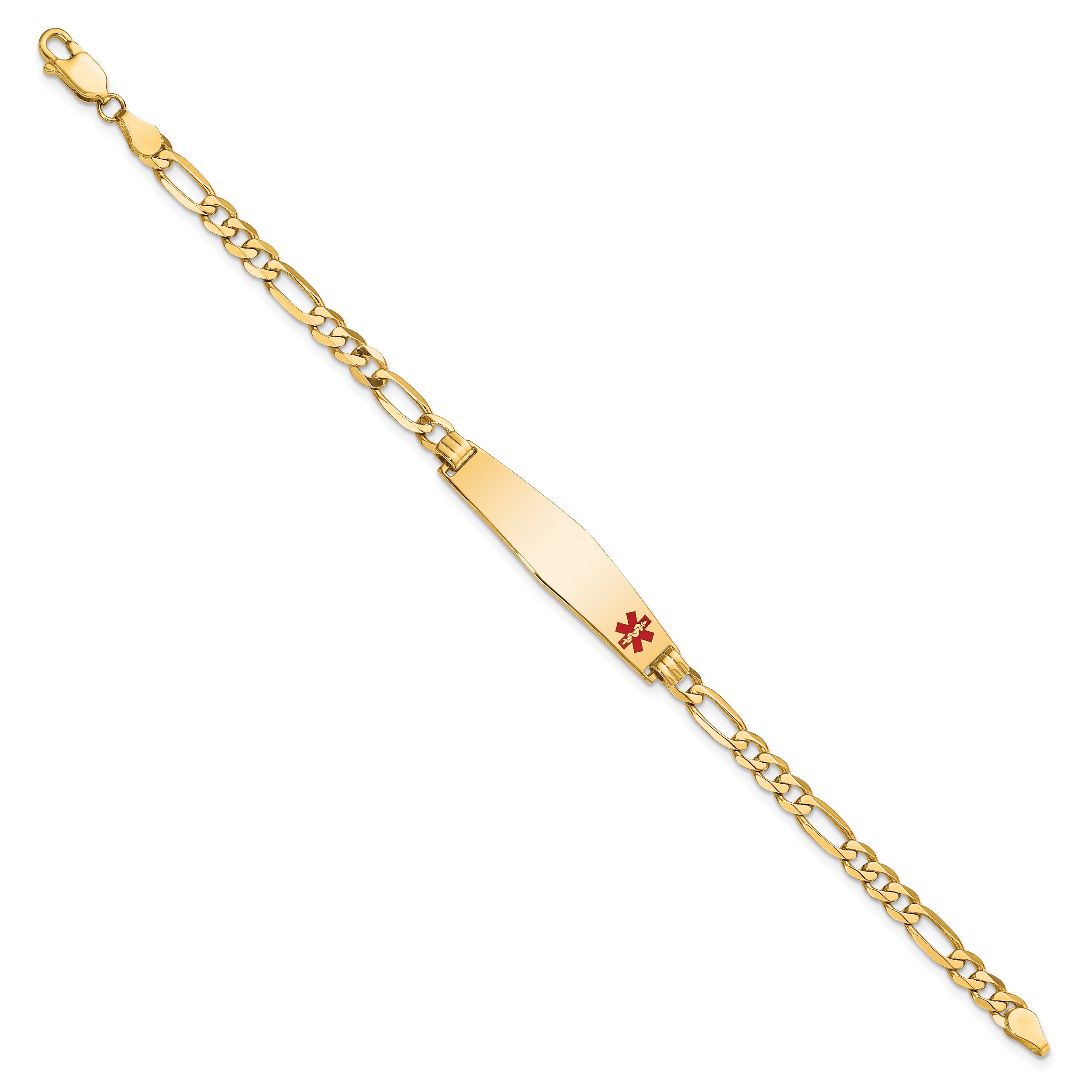 14K Medical Solid Chain/Solid Plate Soft Diamond Shape 33x8mm Off-Center Red Enamel Flat Figaro Link 7 inch ID Bracelet