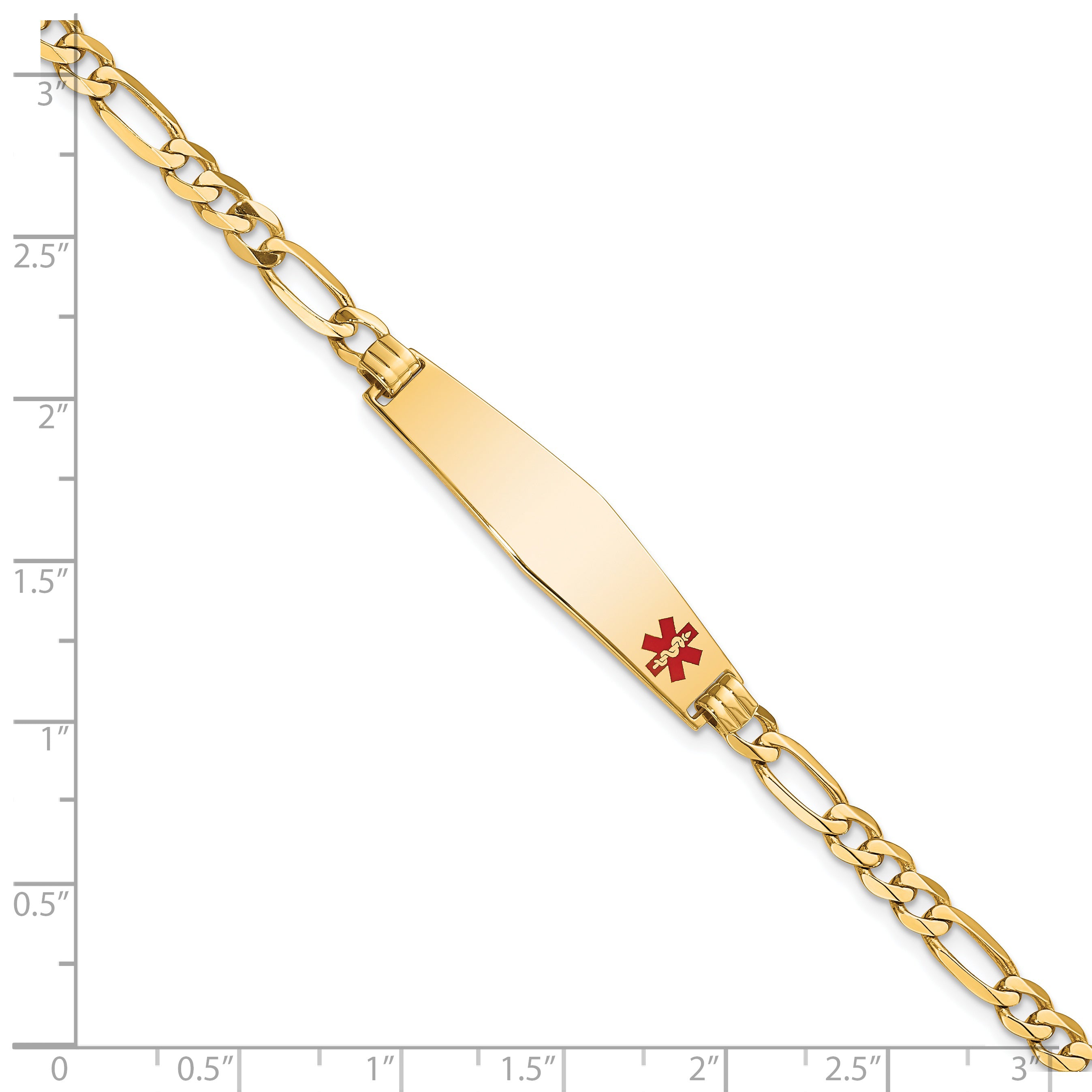 14K Medical Solid Chain/Solid Plate Soft Diamond Shape 33x8mm Off-Center Red Enamel Flat Figaro Link 7 inch ID Bracelet