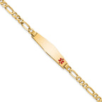 14K Medical Solid Chain/Solid Plate Soft Diamond Shape 33x8mm Off-Center Red Enamel Flat Figaro Link 8 inch ID Bracelet