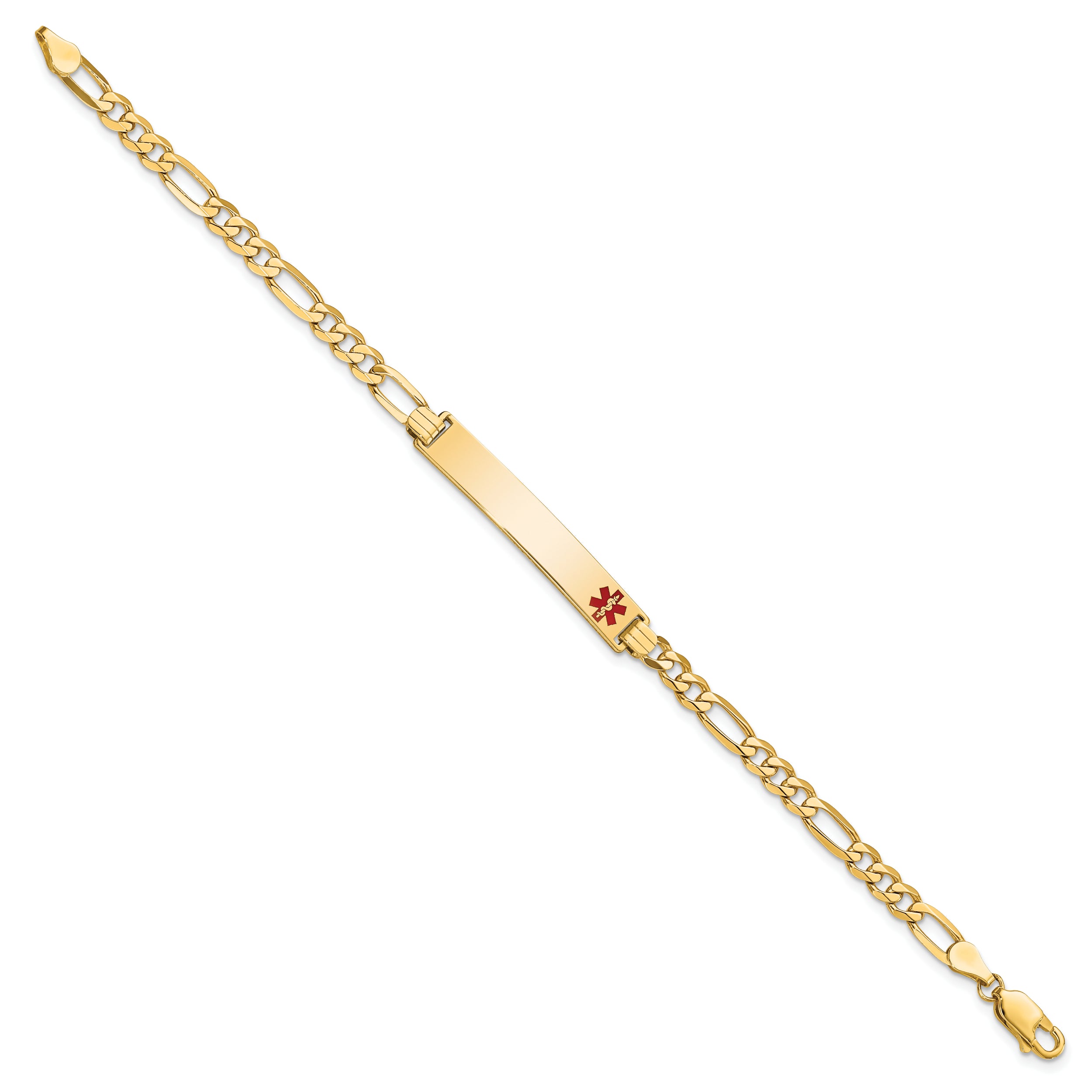 14K Medical Solid Chain/Solid Plate 33x6mm Off-Center Red Enamel Flat Figaro Link 7 inch ID Bracelet