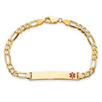 14K Medical Solid Chain/Solid Plate 33x6mm Off-Center Red Enamel Flat Figaro Link 7 inch ID Bracelet
