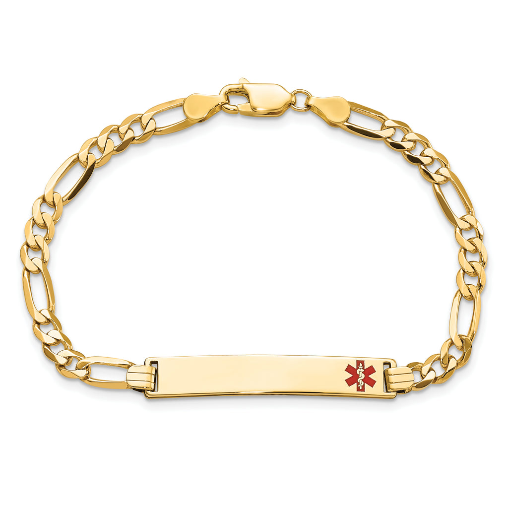 14K Medical Solid Chain/Solid Plate 33x6mm Off-Center Red Enamel Flat Figaro Link 8 inch ID Bracelet