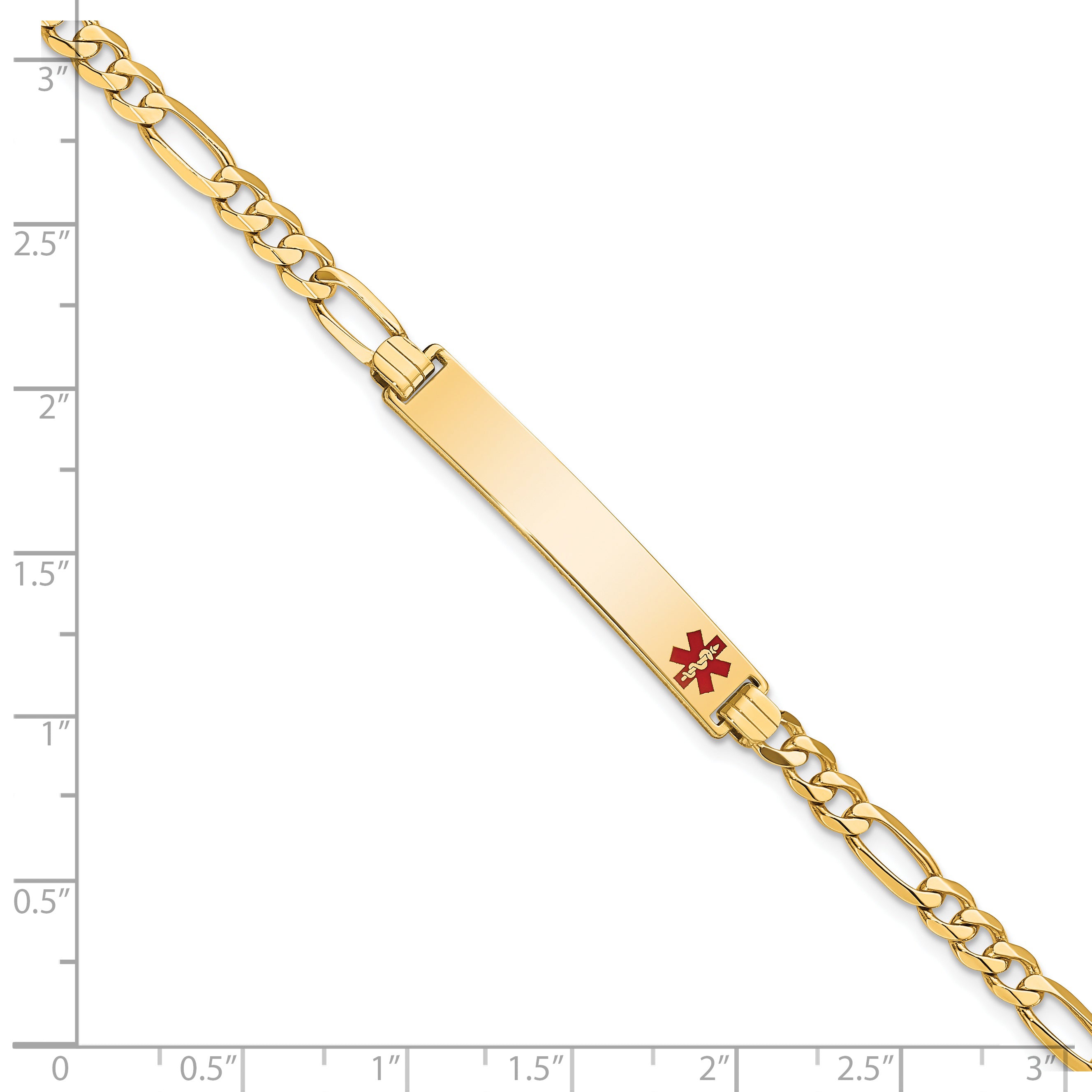 14K Medical Solid Chain/Solid Plate 33x6mm Off-Center Red Enamel Flat Figaro Link 7 inch ID Bracelet