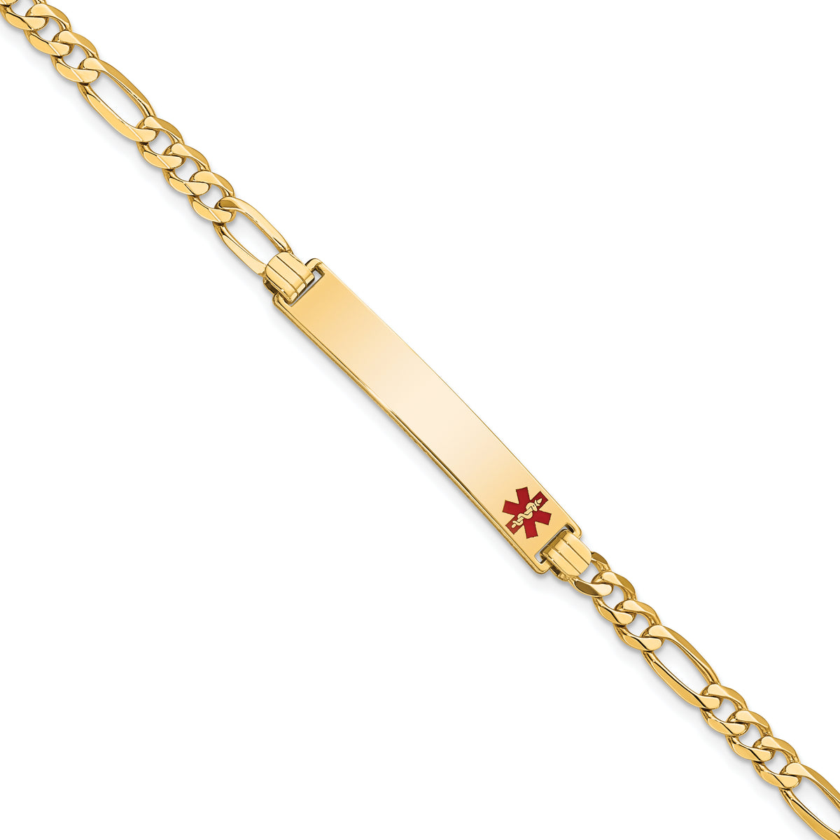 14K Medical Solid Chain/Solid Plate 33x6mm Off-Center Red Enamel Flat Figaro Link 7 inch ID Bracelet