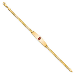 14K Medical Solid Chain/Solid Plate Soft Diamond Shape 33x8mm Centered Red Enamel Flat Curb Link 7 inch ID Bracelet