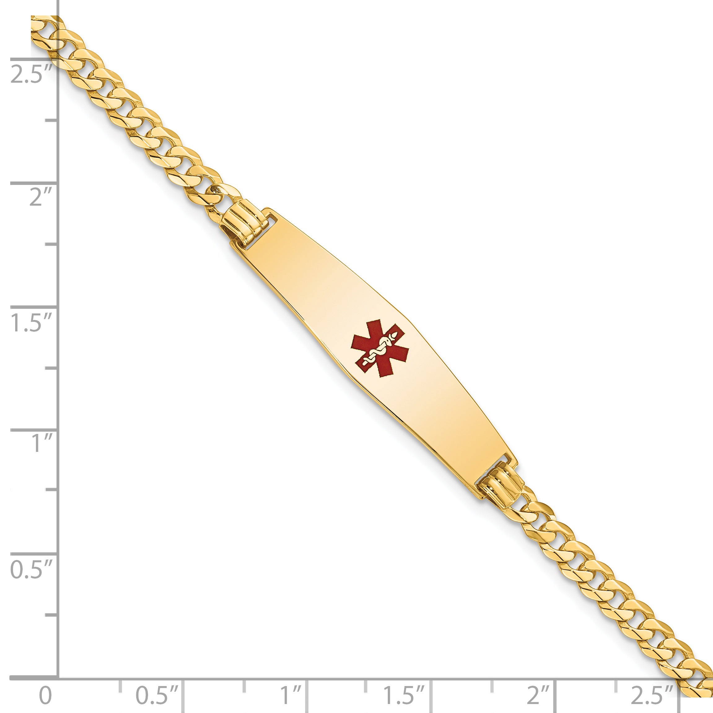 14K Medical Solid Chain/Solid Plate Soft Diamond Shape 33x8mm Centered Red Enamel Flat Curb Link 7 inch ID Bracelet