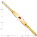 14K Medical Solid Chain/Solid Plate Soft Diamond Shape 33x8mm Centered Red Enamel Flat Curb Link 7 inch ID Bracelet