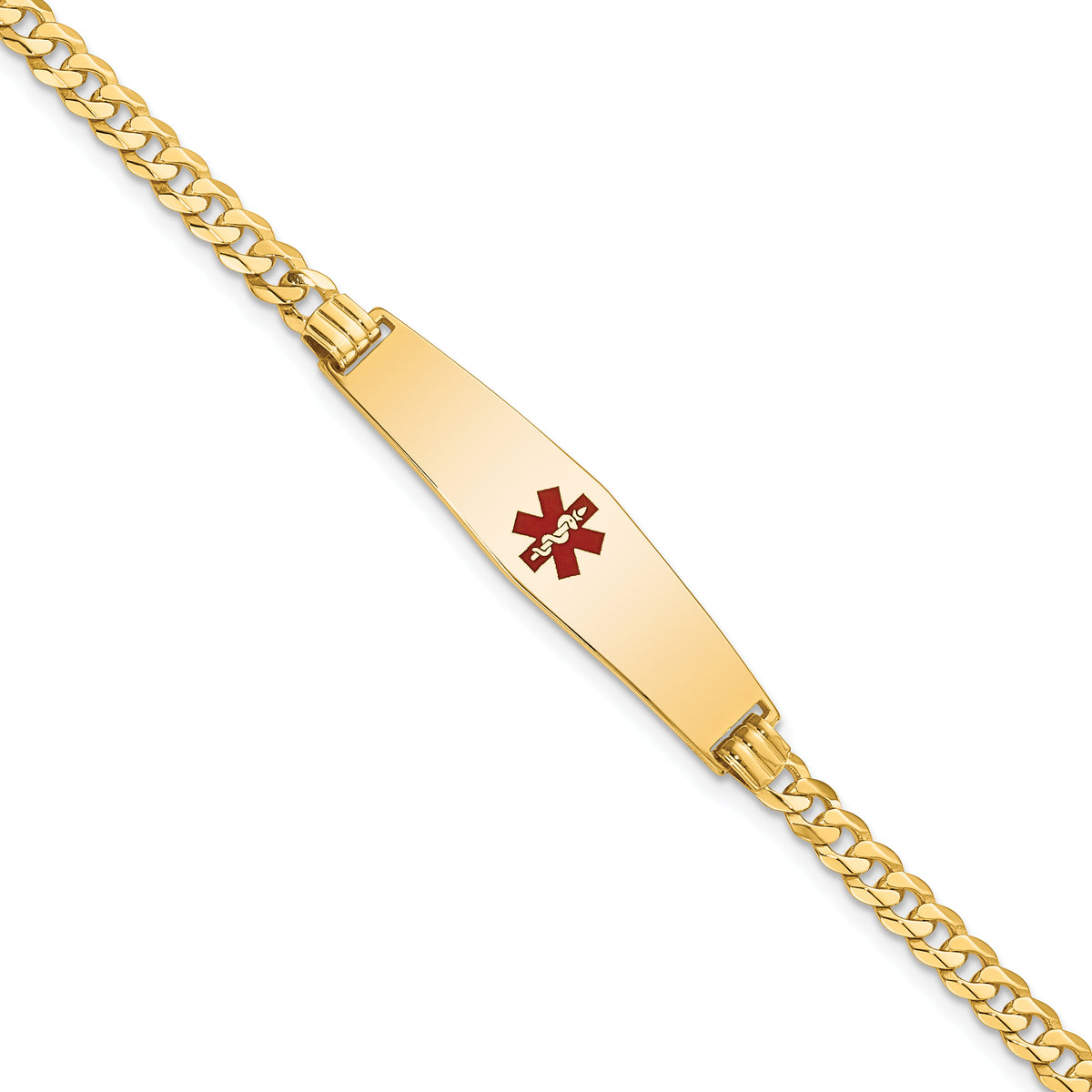 14K Medical Solid Chain/Solid Plate Soft Diamond Shape 33x8mm Centered Red Enamel Flat Curb Link 7 inch ID Bracelet
