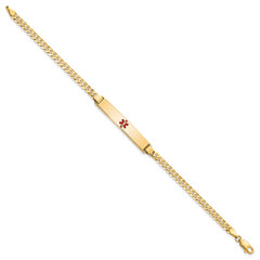 14K Medical Solid Chain/Solid Plate 34x6mm Centered Red Enamel Flat Curb Link 7 inch ID Bracelet