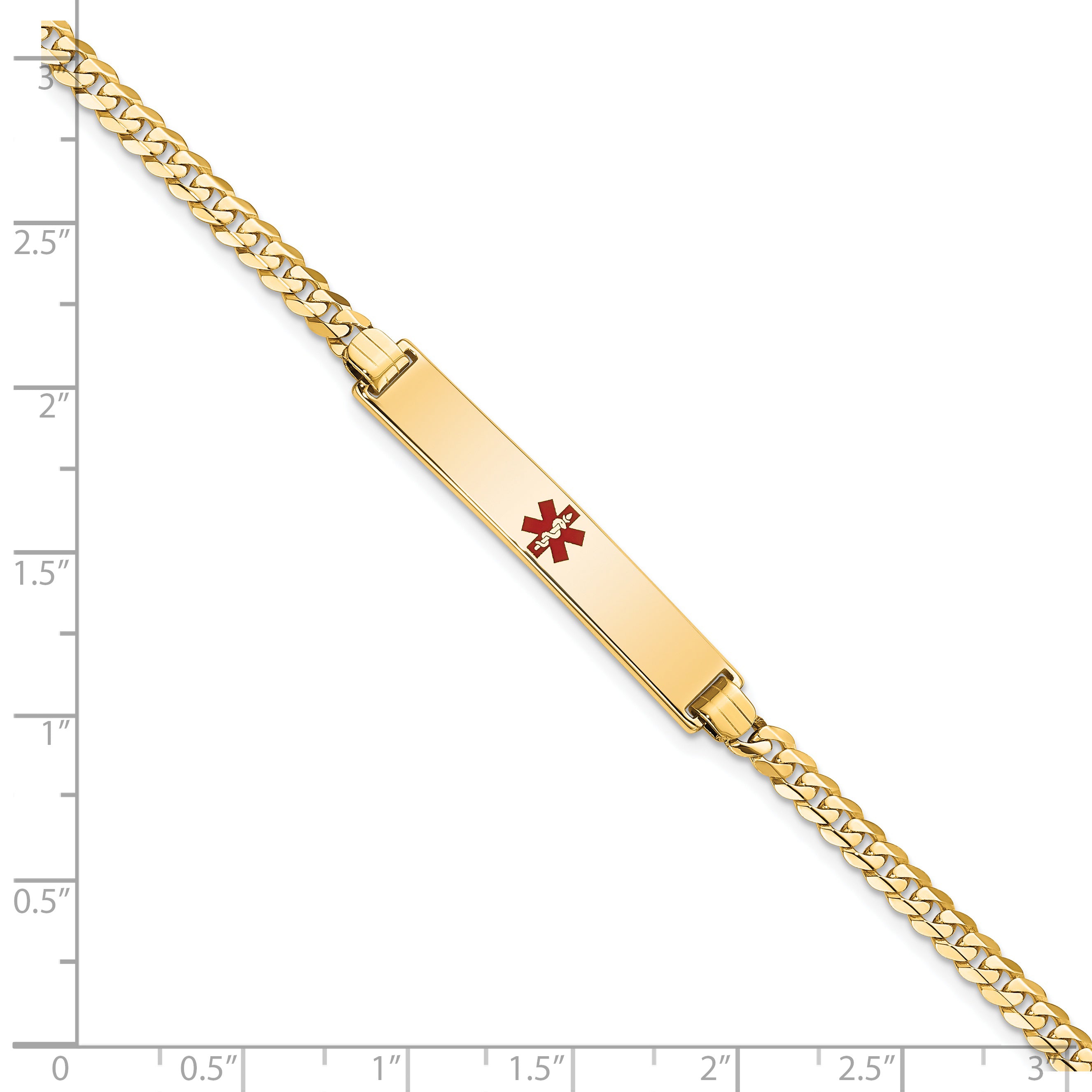 14K Medical Solid Chain/Solid Plate 34x6mm Centered Red Enamel Flat Curb Link 7 inch ID Bracelet