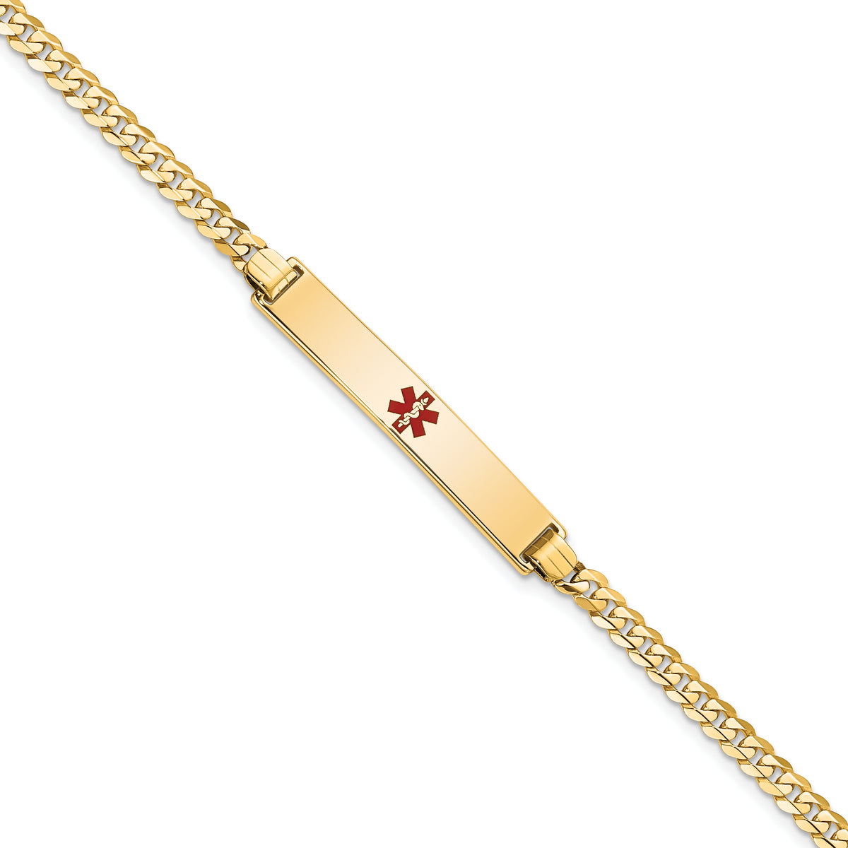 14K Medical Solid Chain/Solid Plate 34x6mm Centered Red Enamel Flat Curb Link 7 inch ID Bracelet