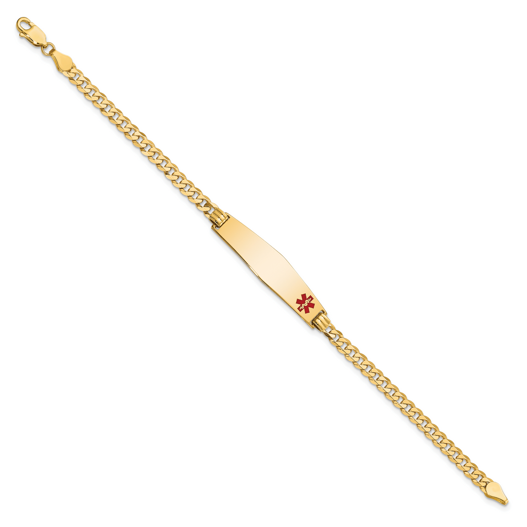 14K Medical Solid Chain/Solid Plate Soft Diamond Shape 33x8mm Off-Center Red Enamel Flat Curb Link 7 inch ID Bracelet
