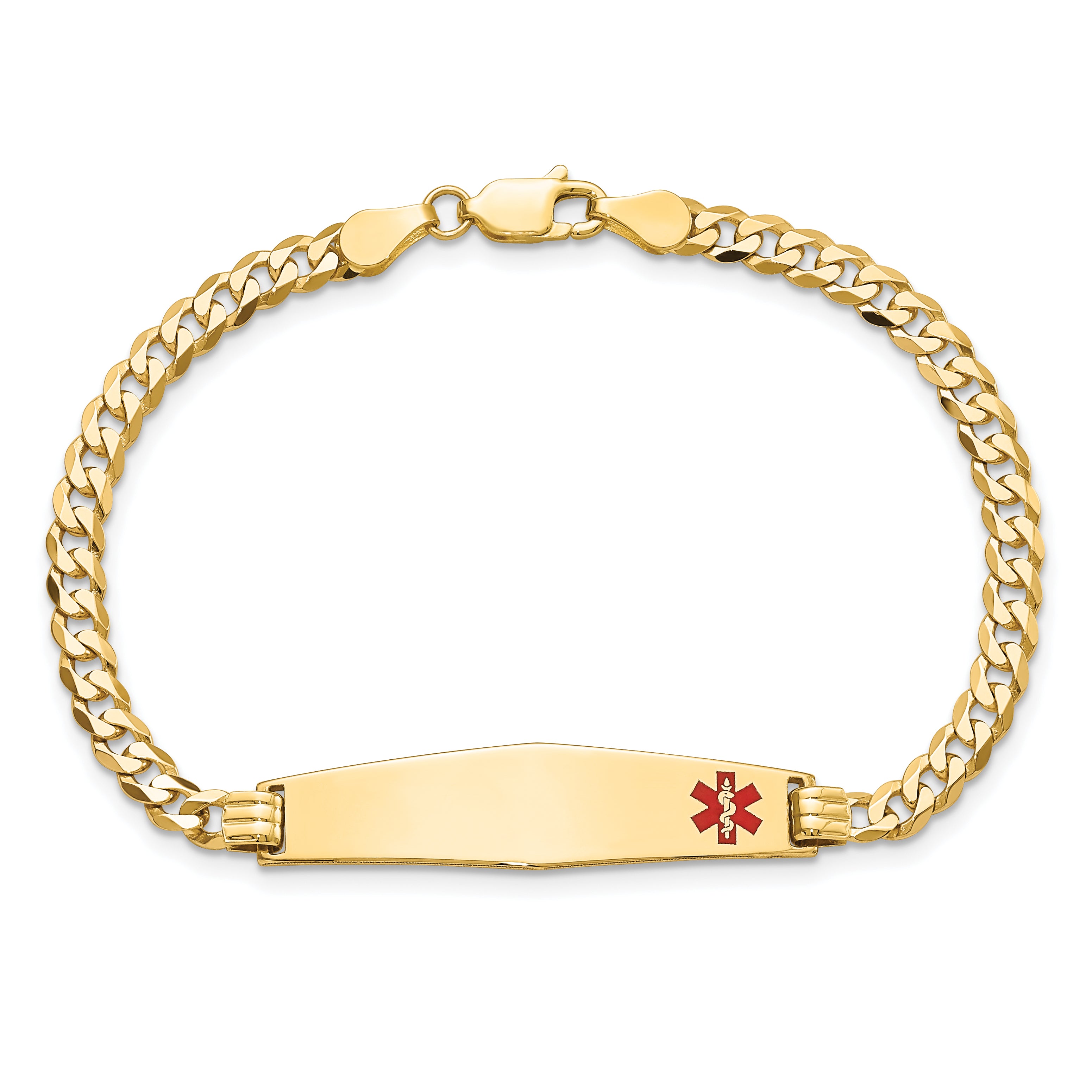 14K Medical Solid Chain/Solid Plate Soft Diamond Shape 33x8mm Off-Center Red Enamel Flat Curb Link 7 inch ID Bracelet