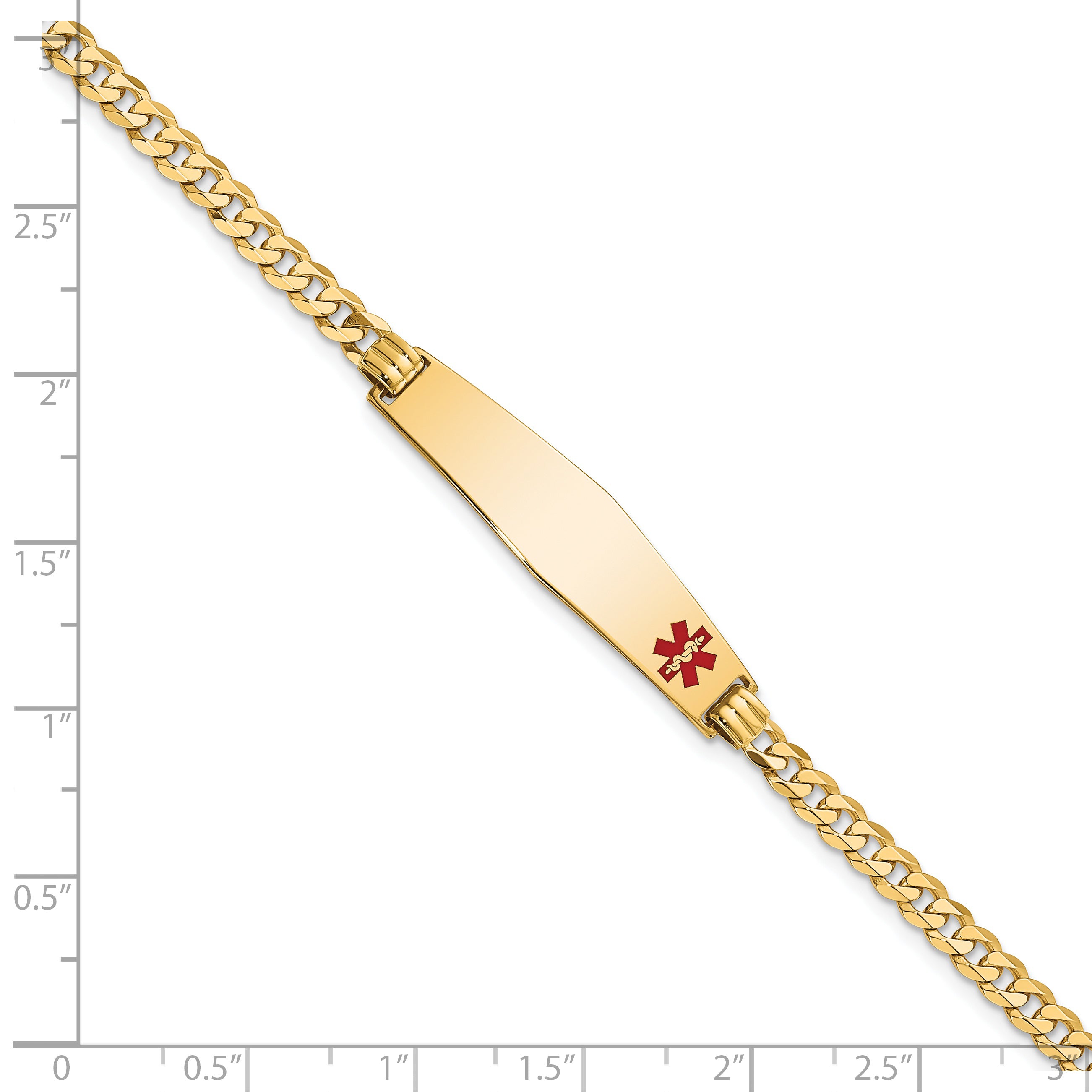 14K Medical Solid Chain/Solid Plate Soft Diamond Shape 33x8mm Off-Center Red Enamel Flat Curb Link 7 inch ID Bracelet