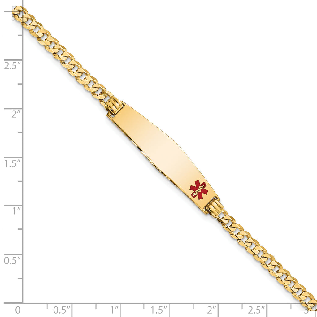14K Medical Solid Chain/Solid Plate Soft Diamond Shape 33x8mm Off-Center Red Enamel Flat Curb Link 7 inch ID Bracelet