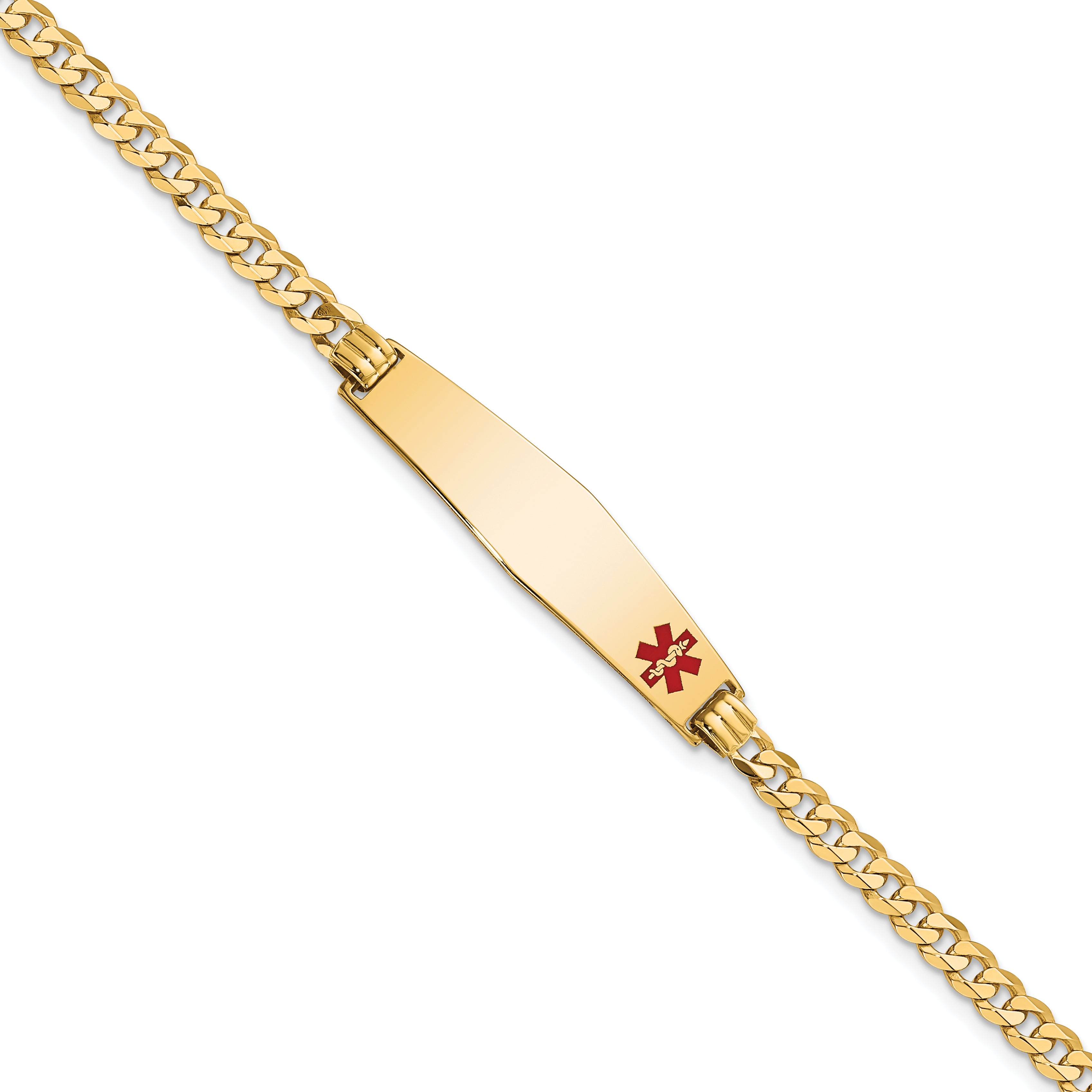 14K Medical Solid Chain/Solid Plate Soft Diamond Shape 33x8mm Off-Center Red Enamel Flat Curb Link 7 inch ID Bracelet Main image