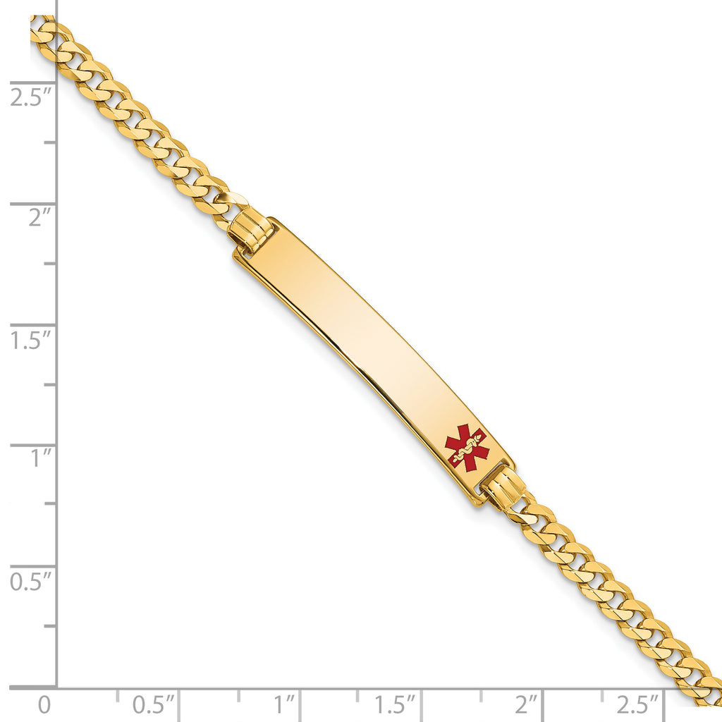 14K Medical Solid Chain/Solid Plate 33x6mm Off-Center Red Enamel Flat Curb Link 8 inch ID Bracelet