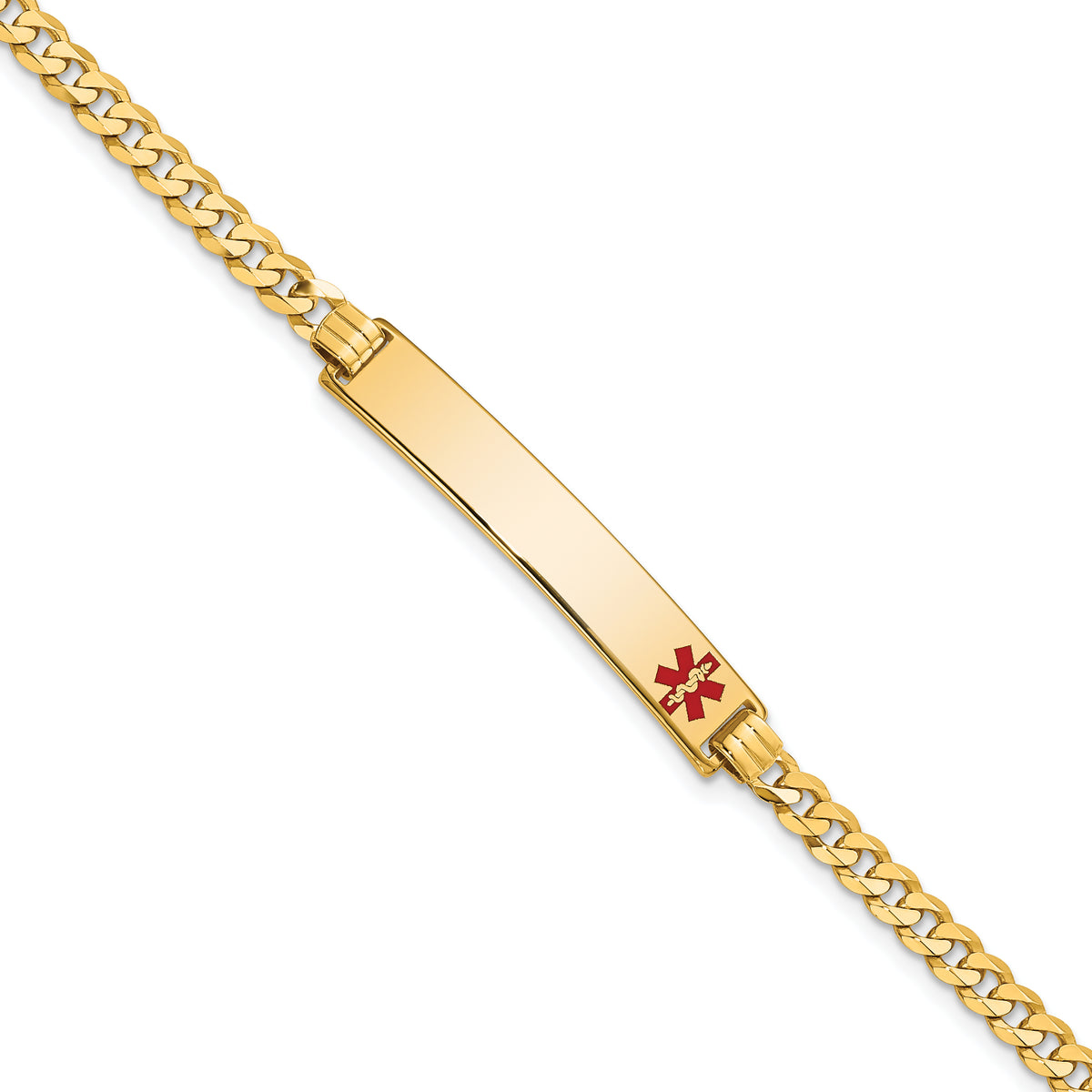 14K Medical Solid Chain/Solid Plate 33x6mm Off-Center Red Enamel Flat Curb Link 7 inch ID Bracelet
