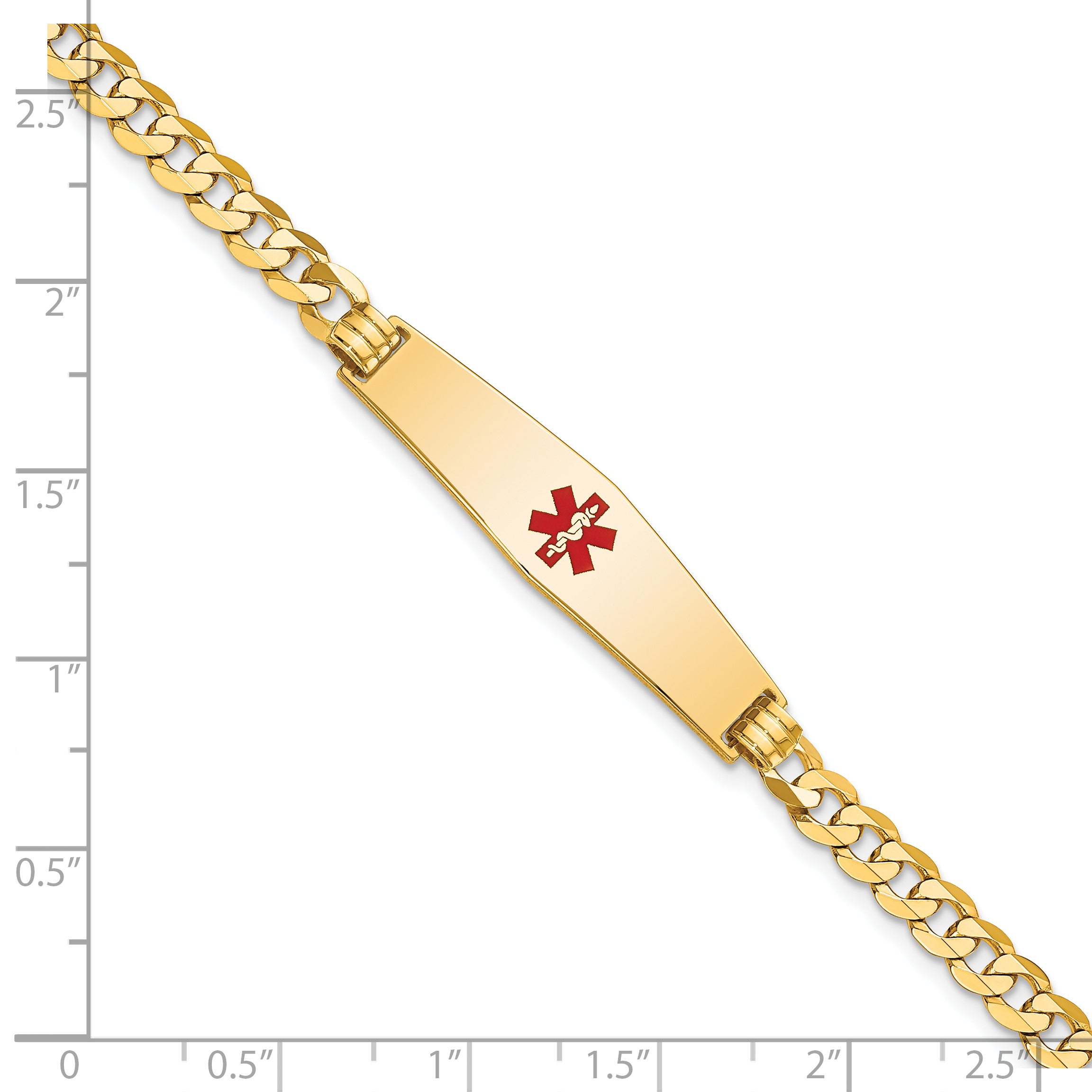 14K Medical Solid Chain/Solid Plate Soft Diamond Shape 33x8mm Centered Red Enamel Flat Curb Link 7 inch ID Bracelet