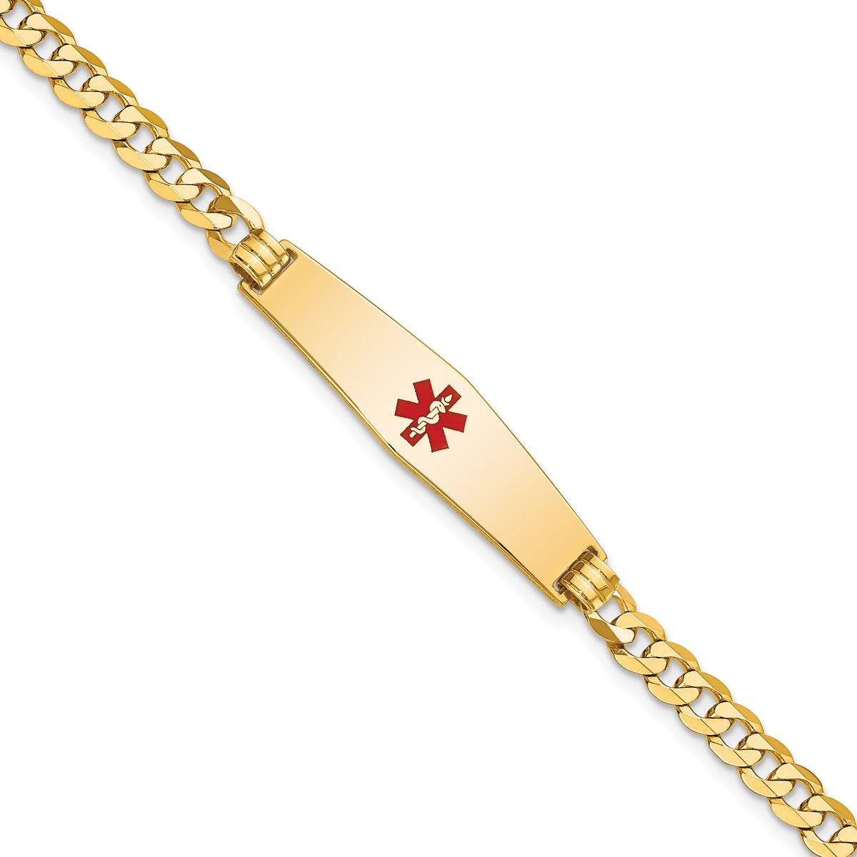 14K Medical Solid Chain/Solid Plate Soft Diamond Shape 33x8mm Centered Red Enamel Flat Curb Link 7 inch ID Bracelet