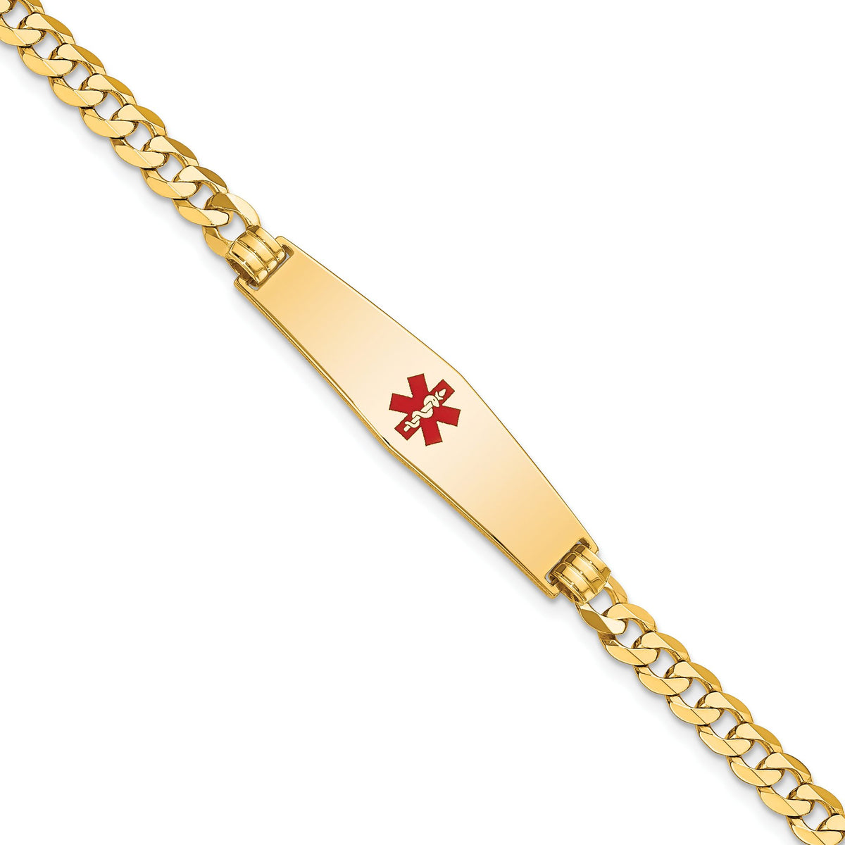 14K Medical Solid Chain/Solid Plate Soft Diamond Shape 33x8mm Centered Red Enamel Flat Curb Link 8 inch ID Bracelet - Sophia Jewelers Main image