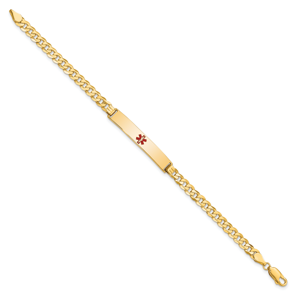 14K Medical Solid Chain/Solid Plate 34x6mm Centered Red Enamel Flat Curb Link 7 inch ID Bracelet