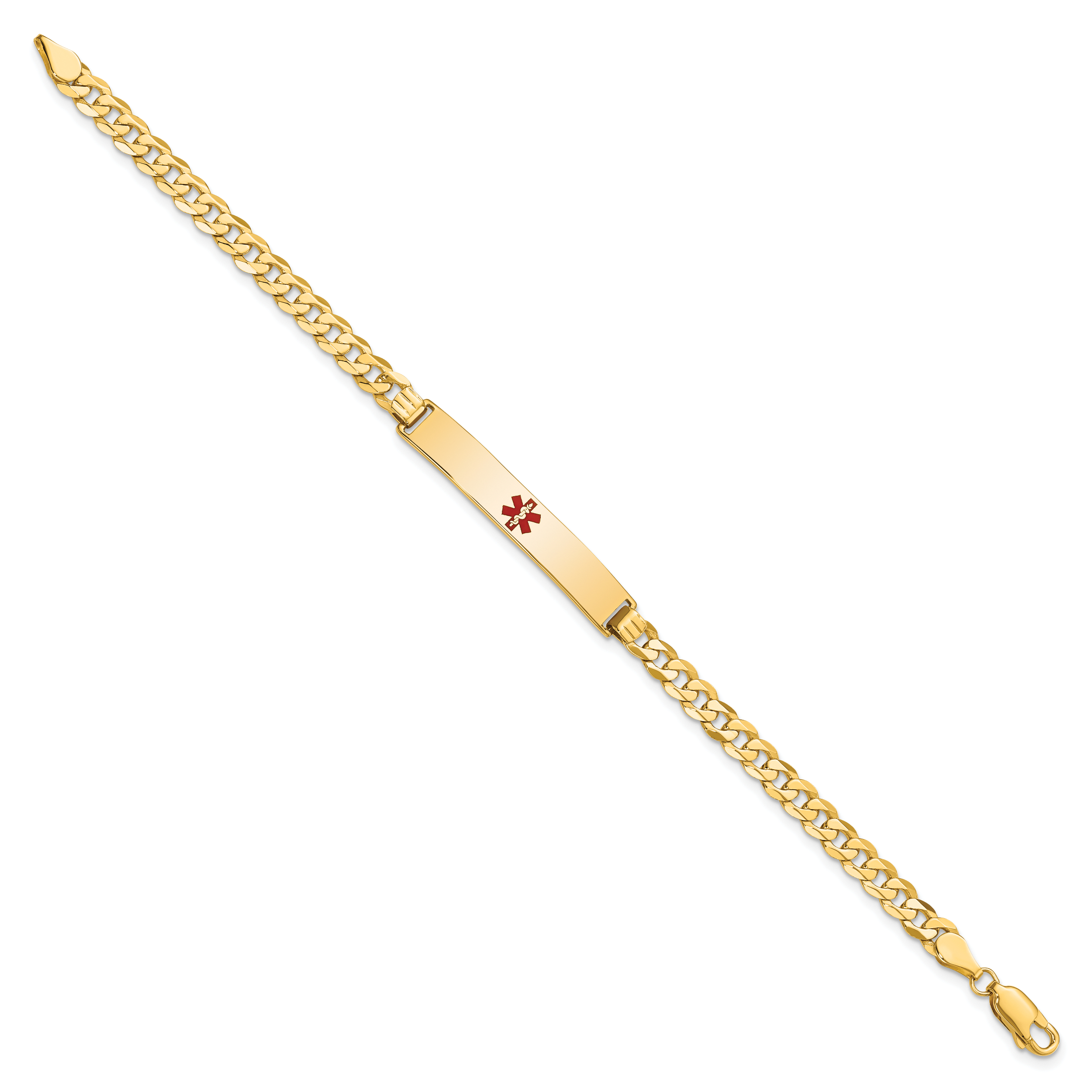 14K Medical Solid Chain/Solid Plate 34x6mm Centered Red Enamel Flat Curb Link 7 inch ID Bracelet