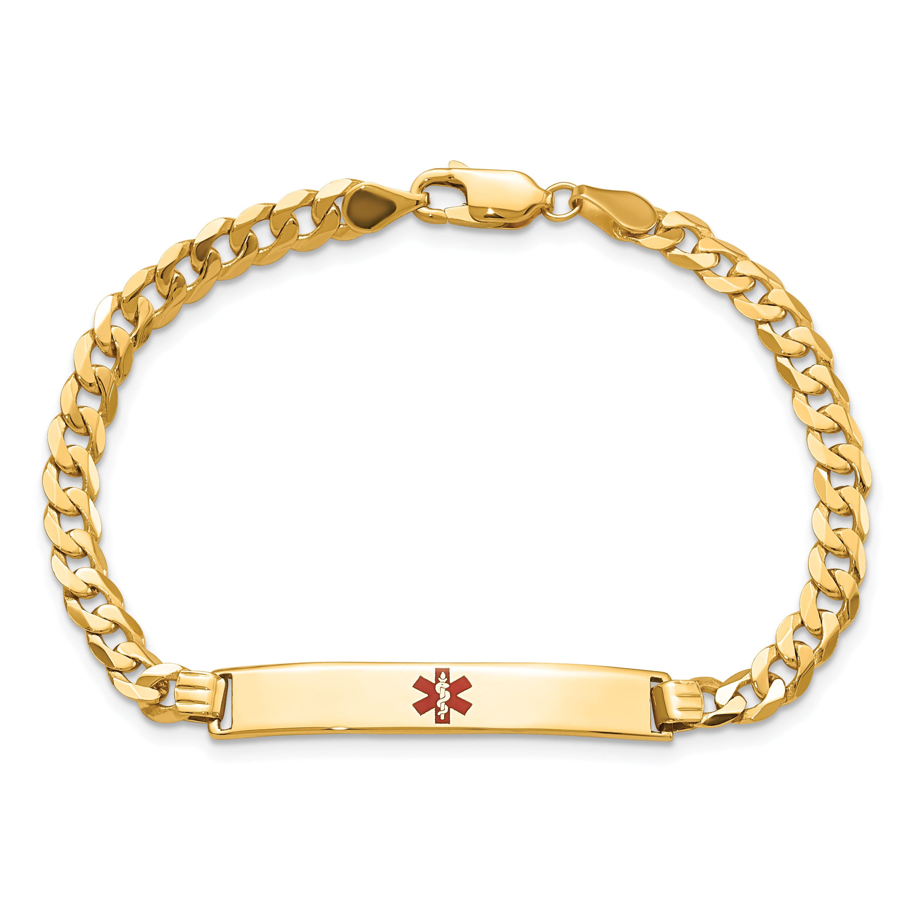 14K Medical Solid Chain/Solid Plate 34x6mm Centered Red Enamel Flat Curb Link 7 inch ID Bracelet