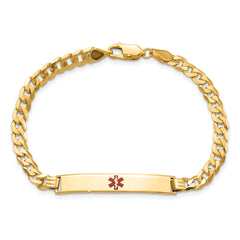 14K Medical Solid Chain/Solid Plate 34x6mm Centered Red Enamel Flat Curb Link 7 inch ID Bracelet