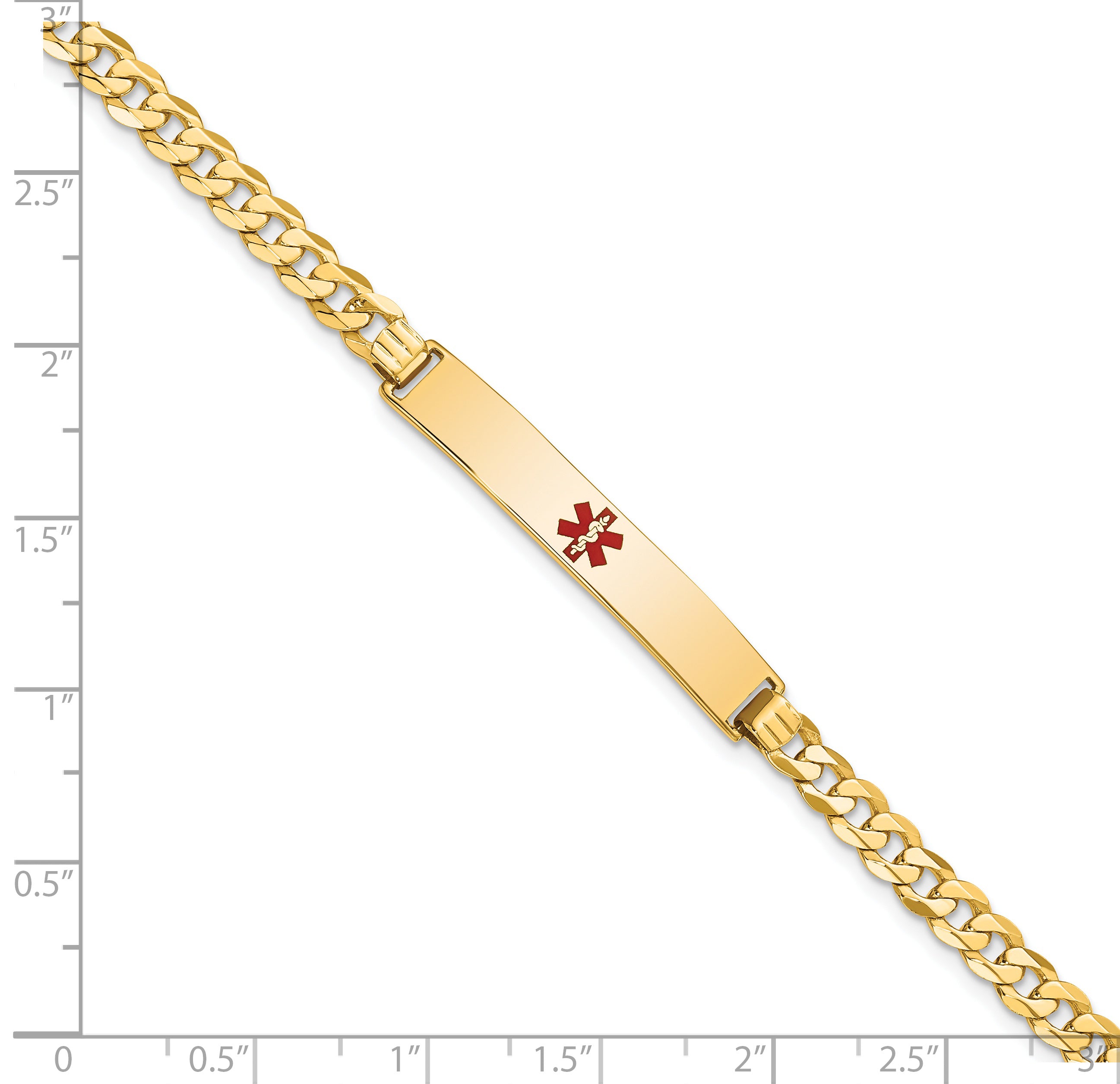 14K Medical Solid Chain/Solid Plate 34x6mm Centered Red Enamel Flat Curb Link 7 inch ID Bracelet