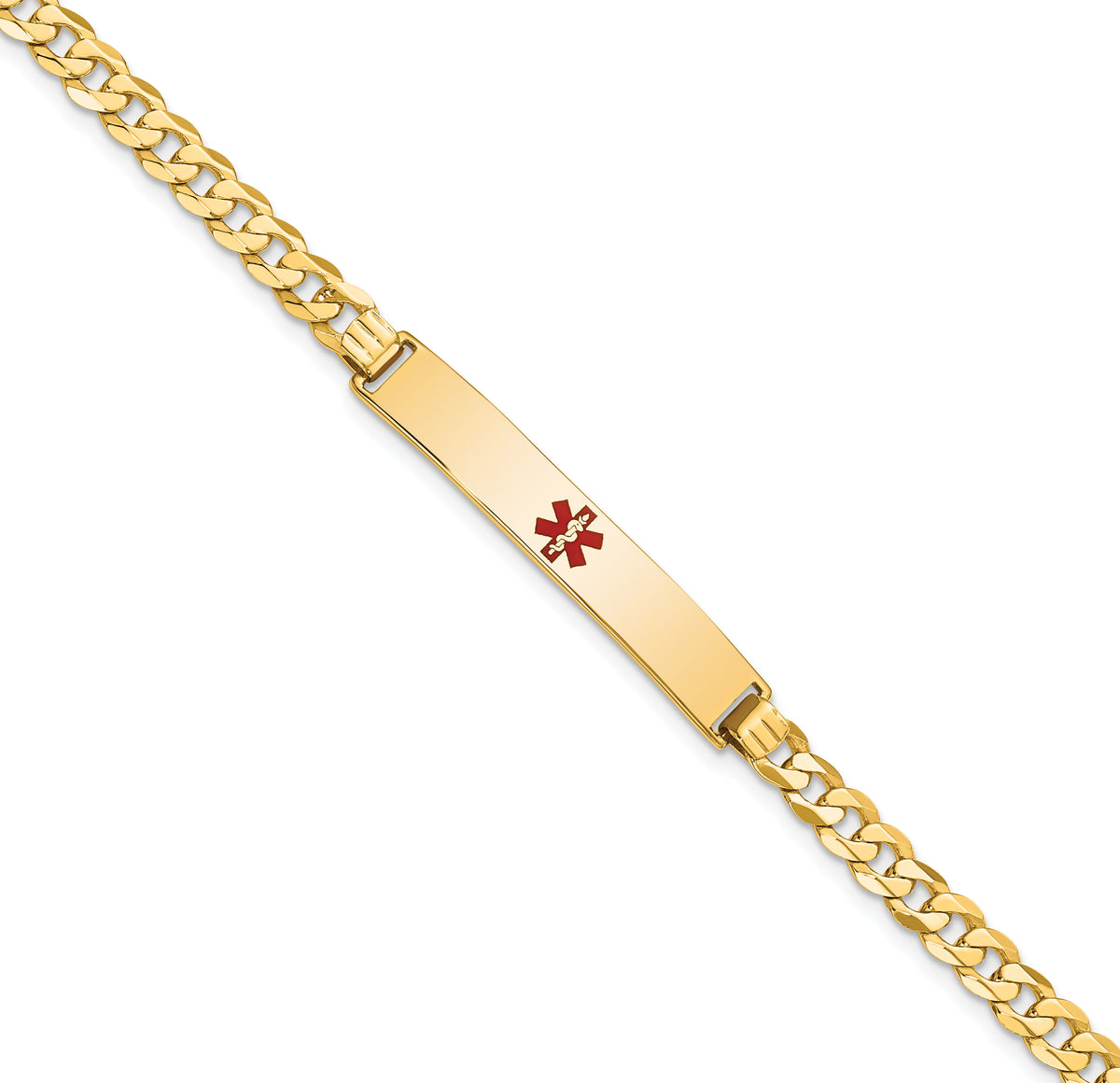 14K Medical Solid Chain/Solid Plate 34x6mm Centered Red Enamel Flat Curb Link 7 inch ID Bracelet