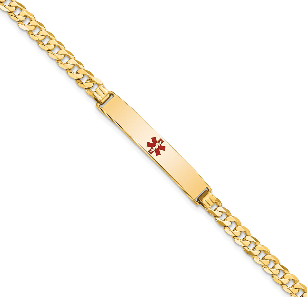 14K Medical Solid Chain/Solid Plate 34x6mm Centered Red Enamel Flat Curb Link 8 inch ID Bracelet