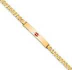 14K Medical Solid Chain/Solid Plate 34x6mm Centered Red Enamel Flat Curb Link 8 inch ID Bracelet