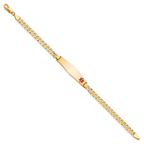 14K Medical Solid Chain/Solid Plate Soft Diamond Shape 33x8mm Off-Center Red Enamel Flat Curb Link 7 inch ID Bracelet