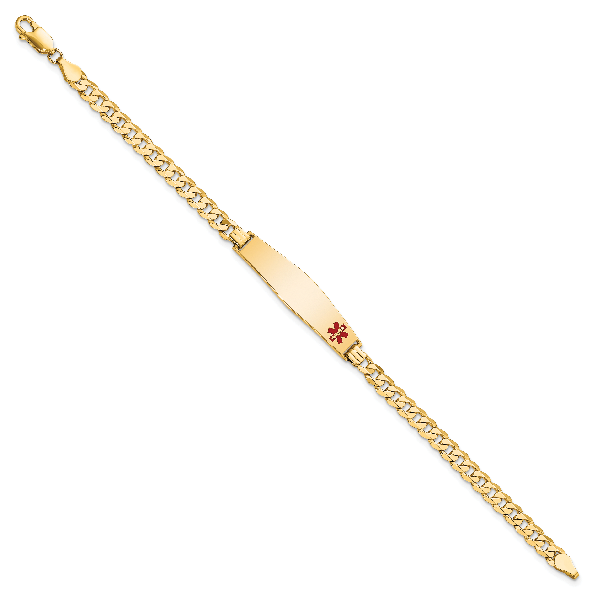 14K Medical Solid Chain/Solid Plate Soft Diamond Shape 33x8mm Off-Center Red Enamel Flat Curb Link 8 inch ID Bracelet