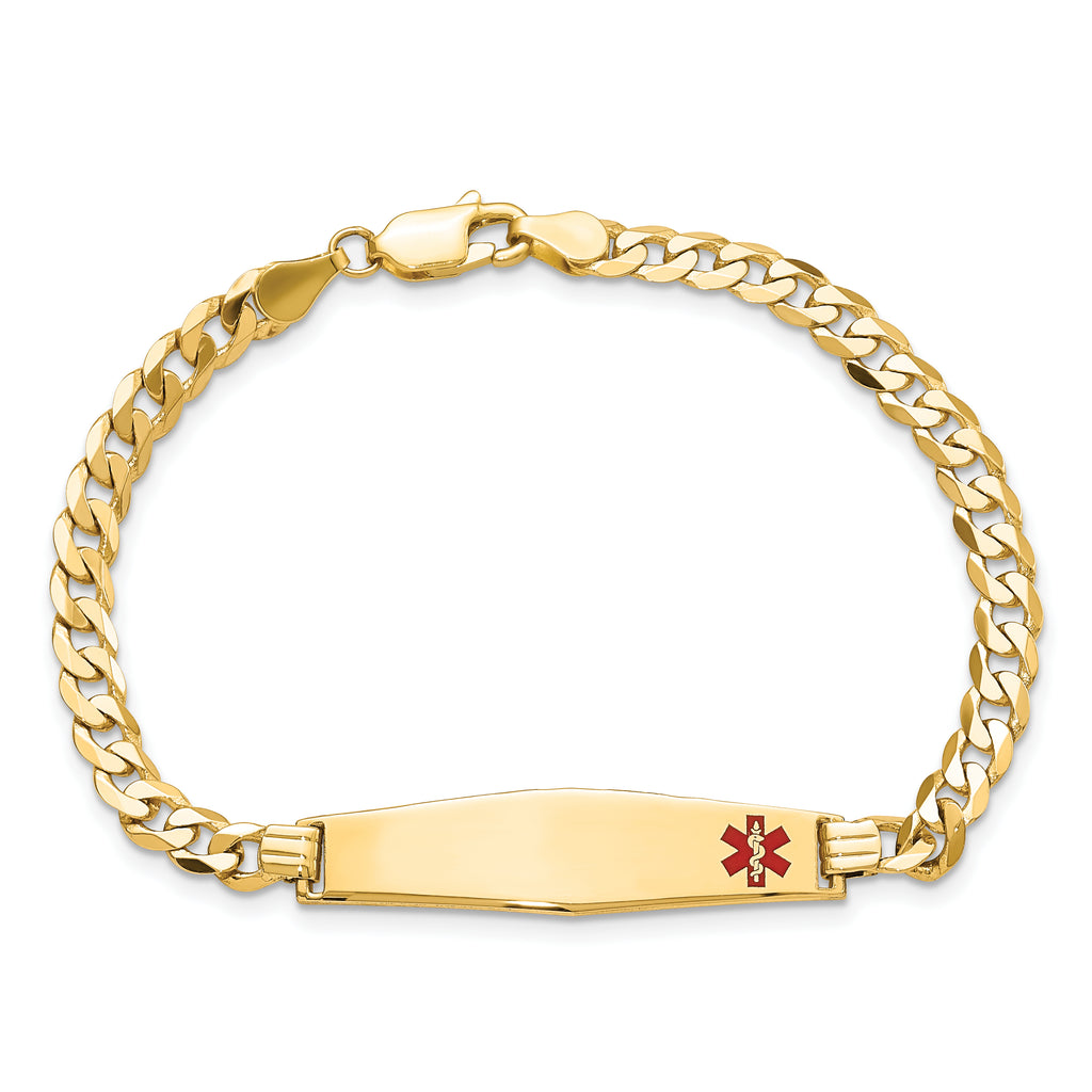 14K Medical Solid Chain/Solid Plate Soft Diamond Shape 33x8mm Off-Center Red Enamel Flat Curb Link 7 inch ID Bracelet
