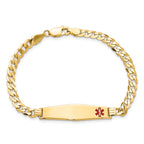 14K Medical Solid Chain/Solid Plate Soft Diamond Shape 33x8mm Off-Center Red Enamel Flat Curb Link 7 inch ID Bracelet