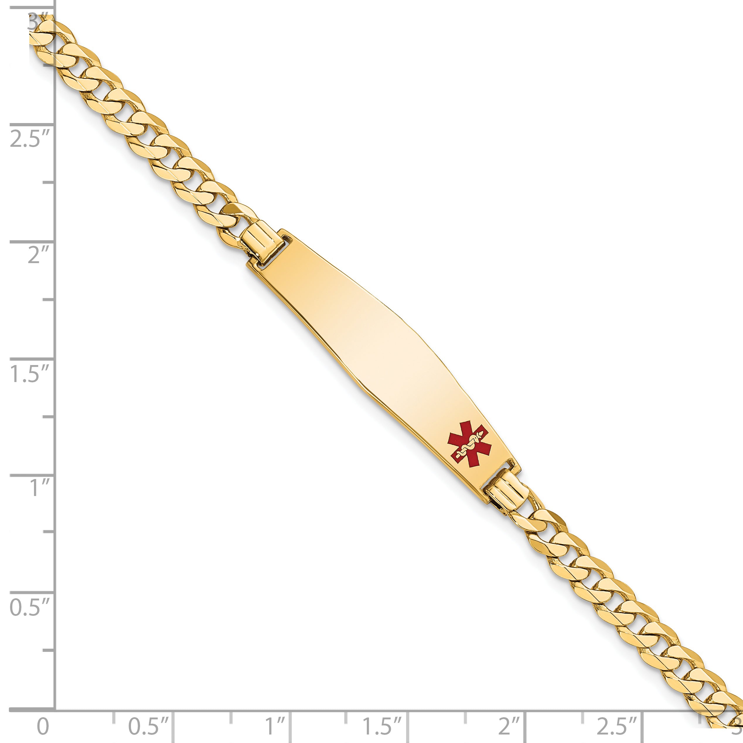 14K Medical Solid Chain/Solid Plate Soft Diamond Shape 33x8mm Off-Center Red Enamel Flat Curb Link 7 inch ID Bracelet
