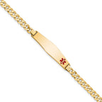 14K Medical Solid Chain/Solid Plate Soft Diamond Shape 33x8mm Off-Center Red Enamel Flat Curb Link 7 inch ID Bracelet