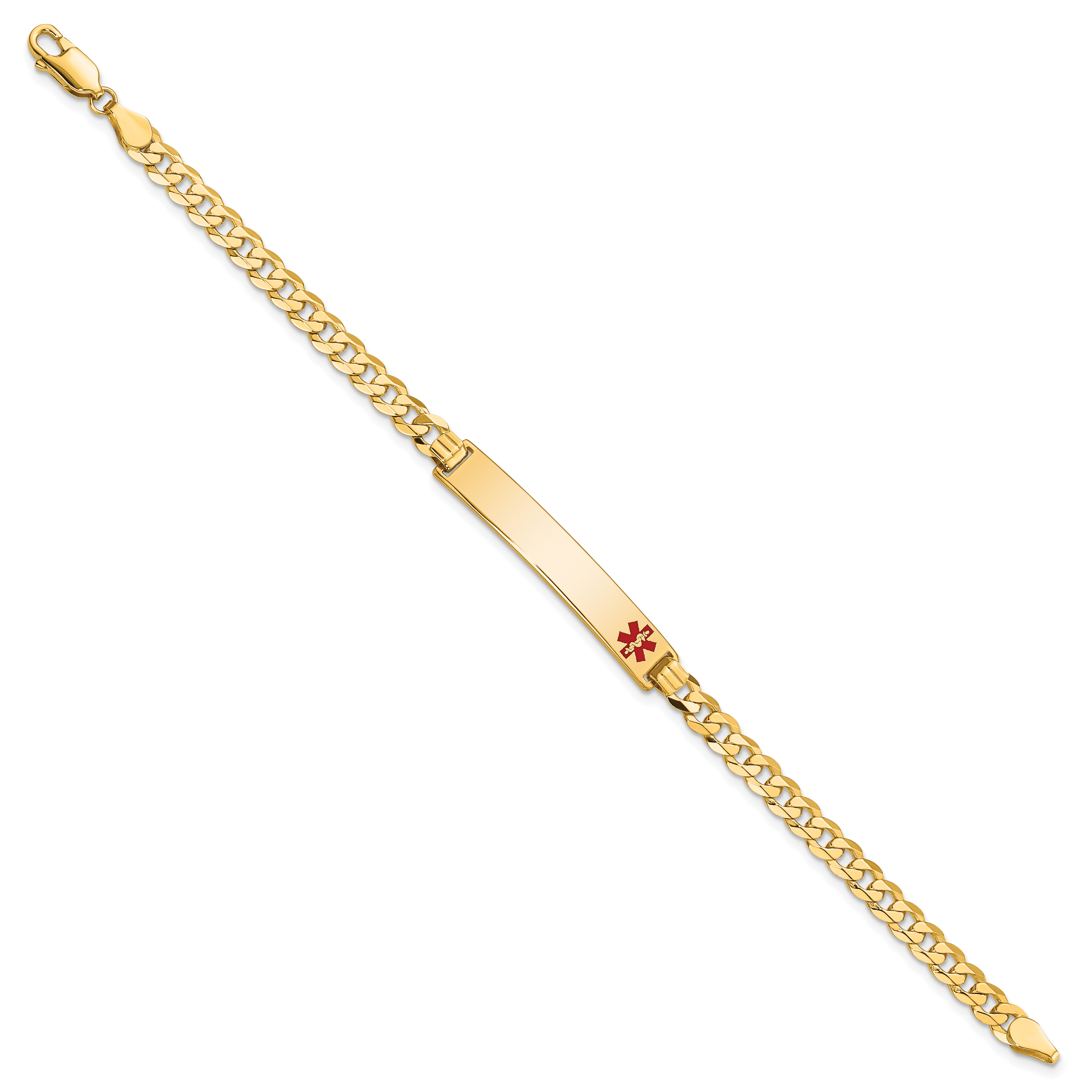 14K Medical Solid Chain/Solid Plate 33x6mm Off-Center Red Enamel Flat Curb Link 8 inch ID Bracelet