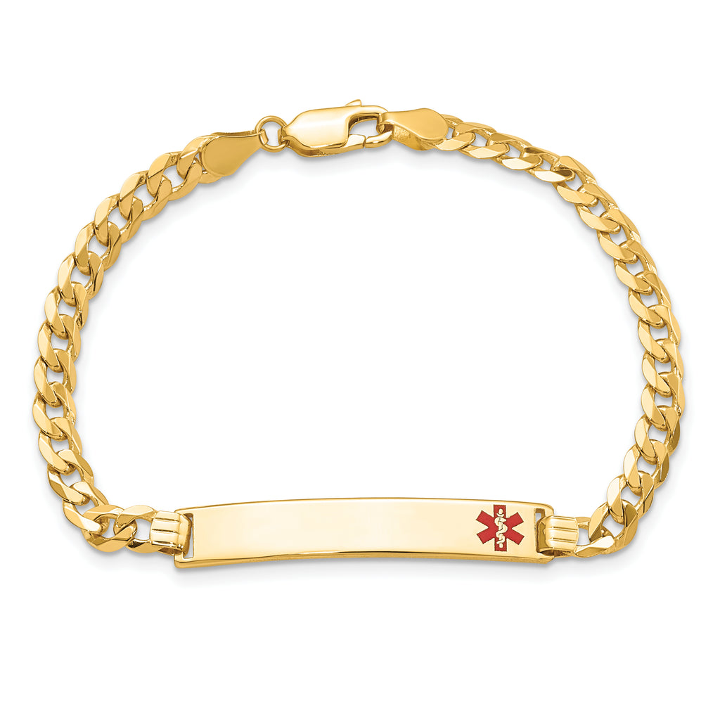 14K Medical Solid Chain/Solid Plate 33x6mm Off-Center Red Enamel Flat Curb Link 7 inch ID Bracelet