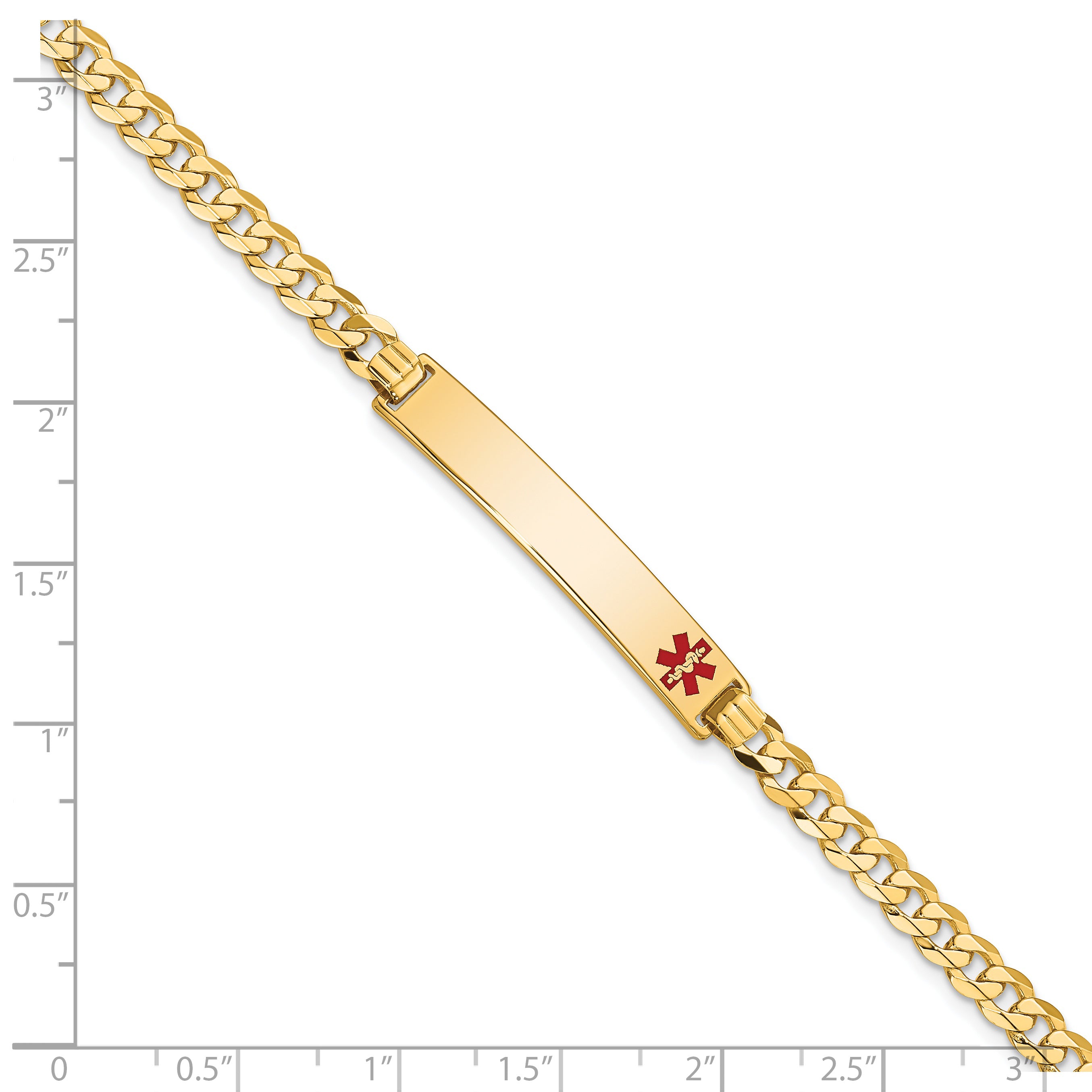 14K Medical Solid Chain/Solid Plate 33x6mm Off-Center Red Enamel Flat Curb Link 7 inch ID Bracelet