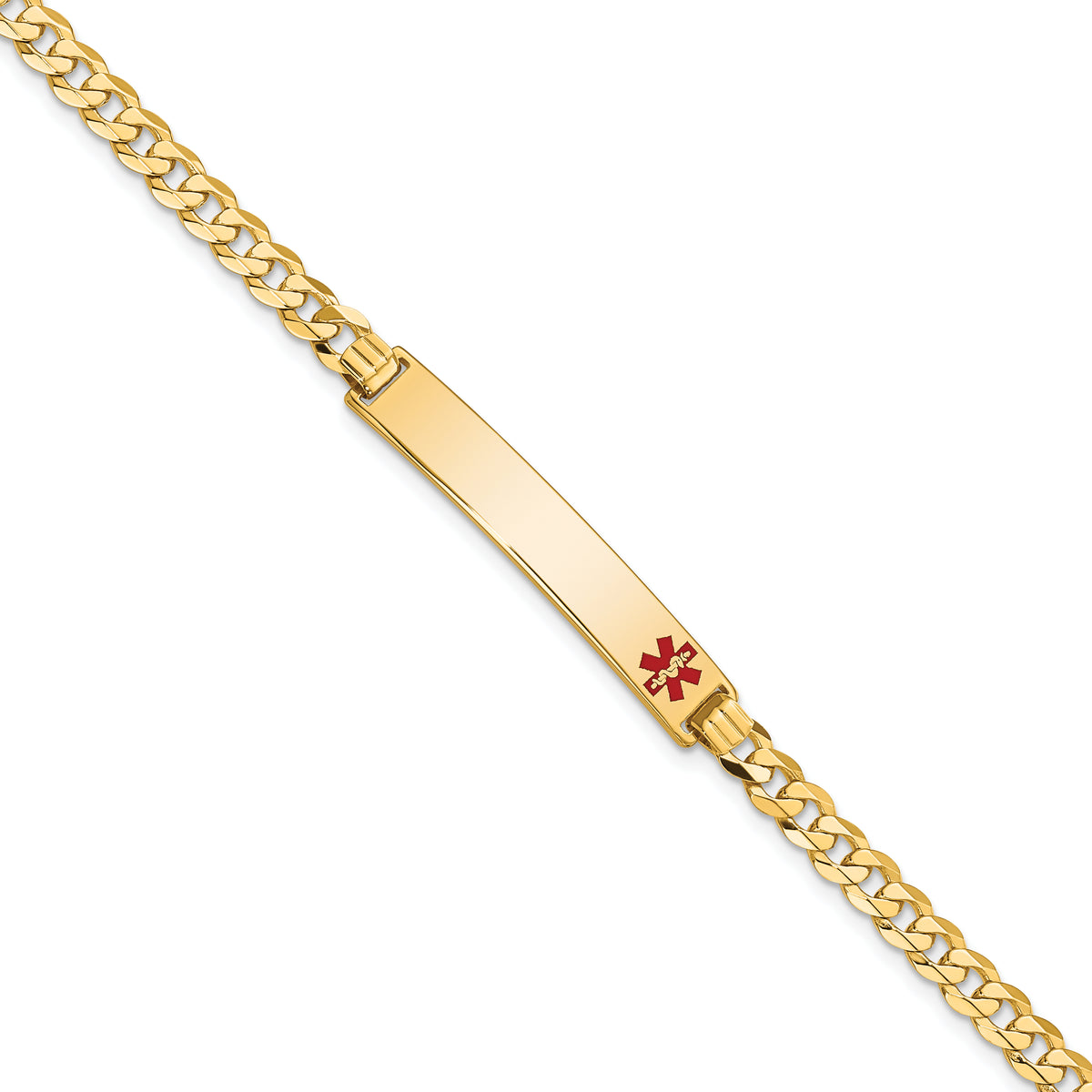 14K Medical Solid Chain/Solid Plate 33x6mm Off-Center Red Enamel Flat Curb Link 7 inch ID Bracelet