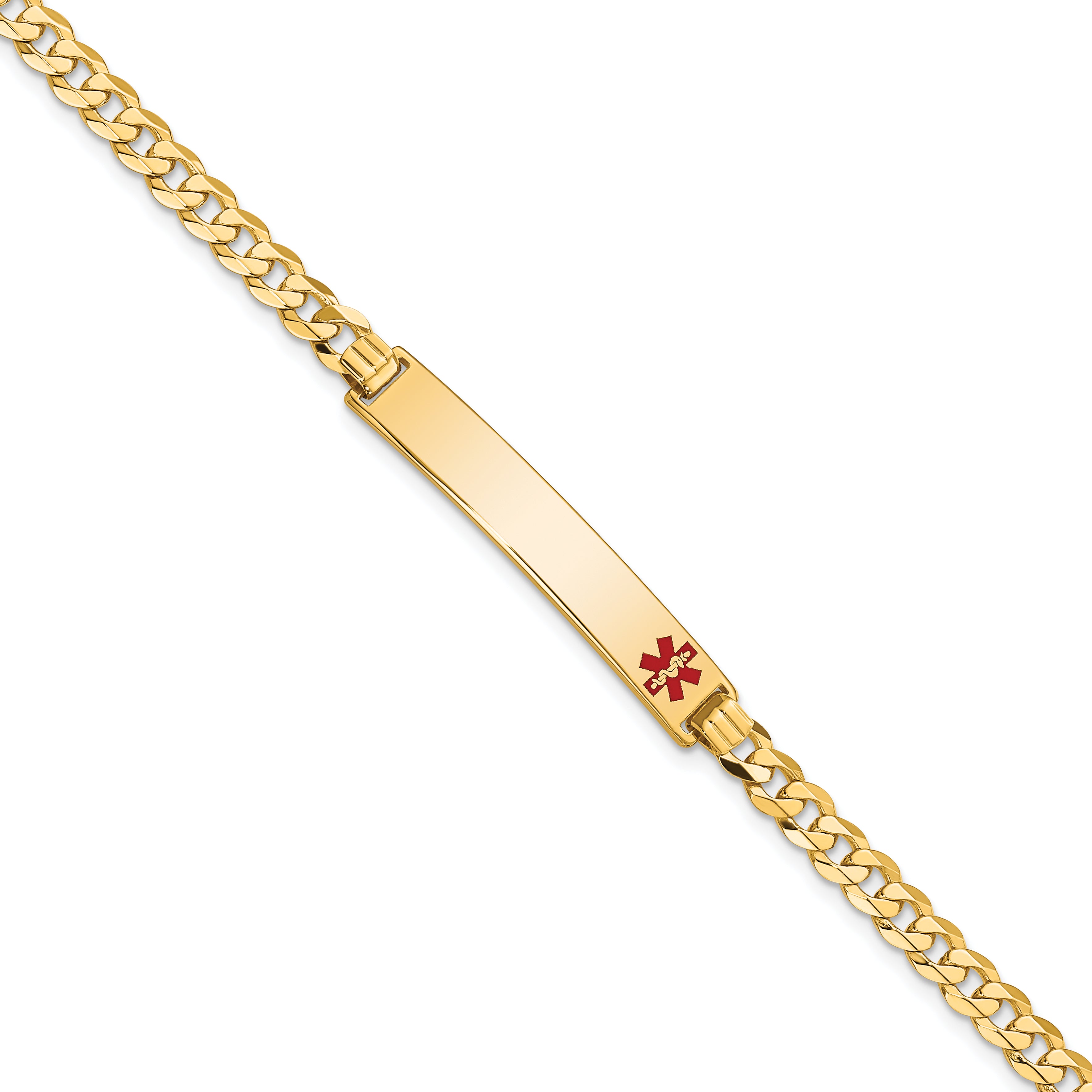 14K Medical Solid Chain/Solid Plate 33x6mm Off-Center Red Enamel Flat Curb Link 8 inch ID Bracelet