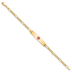 14K Medical Semi-Solid Chain/Solid Plate Soft Diamond Shape 33x8mm Centered Red Enamel Figaro Link 7 inch ID Bracelet