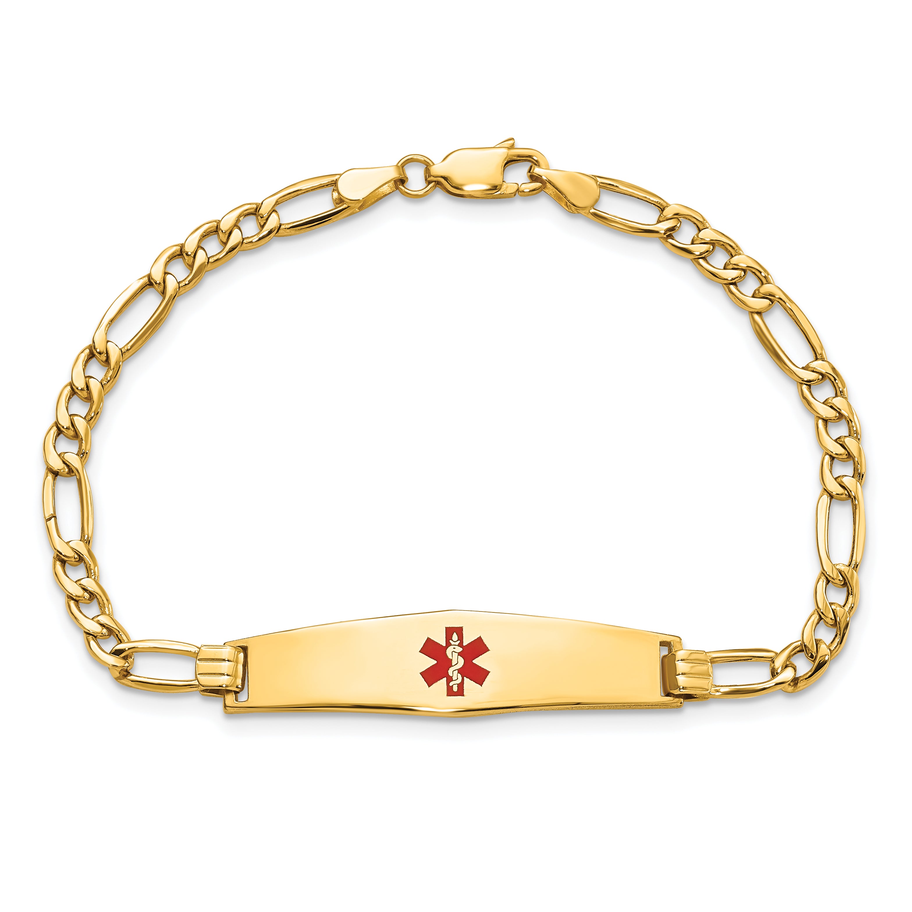 14K Medical Semi-Solid Chain/Solid Plate Soft Diamond Shape 33x8mm Centered Red Enamel Figaro Link 7 inch ID Bracelet