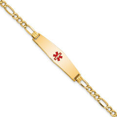 14K Medical Semi-Solid Chain/Solid Plate Soft Diamond Shape 33x8mm Centered Red Enamel Figaro Link 7 inch ID Bracelet